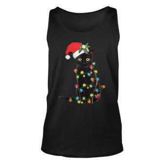Santa Black Cat Tangled Up In Christmas Tree Lights Holiday Unisex Tank Top - Seseable