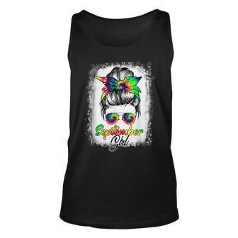 September Girl Birthday For Women Glasses Messy Bun Tie Dye Unisex Tank Top - Seseable