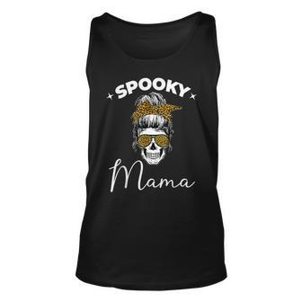 Spooky Mama Skull Messy Bun Glasses Leopard Halloween Unisex Tank Top - Seseable