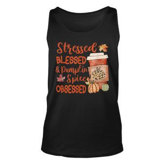 Stressed Blessed And Pumpkin Spice Obsessed Fall Autumn Love Men Women Tank Top Graphic Print Unisex - Thegiftio UK