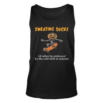 Sweating Sucks Skeleton Pumpkin Playing Skateboard Halloween Unisex Tank Top - Seseable