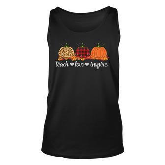Teach Love Inspire Teacher Autumn Fall Pumpkin Leopard Plaid V2 Unisex Tank Top - Seseable
