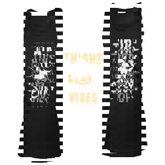 Thick Thighs And Spooky Vibes Funny Ghost Pumpkin Halloween Unisex Tank Top - Seseable