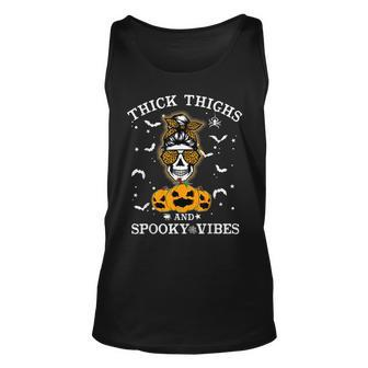 Thick Thighs And Spooky Vibes Messy Bun Women Halloween Unisex Tank Top - Seseable