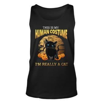 This Is My Human Costume Im Really A Cat Black Halloween Unisex Tank Top - Seseable