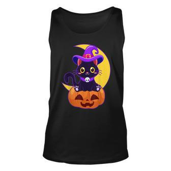 Vintage Scary Halloween Black Cat Costume Witch Hat & Moon Unisex Tank Top - Seseable
