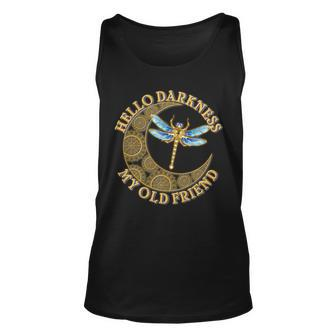Vintage Steampunk Dragonfly Moon Hello Darkness My Old Friend Unisex Tank Top - Monsterry