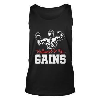 Weight Lifting Bodybuilding Hallowed Be Thy Gains Jesus Unisex Tank Top - Monsterry DE