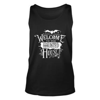 Welcome To Our Haunted House Halloween Quote Men Women Tank Top Graphic Print Unisex - Thegiftio UK