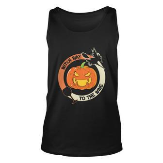 Witch Way To The Wine Pumpkin Halloween Quote Unisex Tank Top - Monsterry