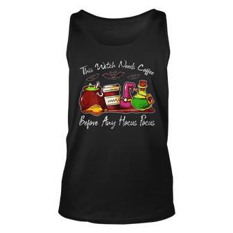Womens This Witch Needs Coffee Before Any Hocus Pocus Funny Unisex Tank Top - Thegiftio