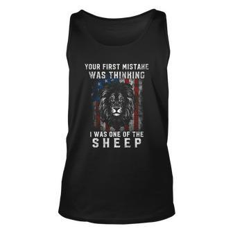 Your First Mistake Was Thinking I Was One The Sheep Lion Usa Flag V2 Unisex Tank Top - Thegiftio UK