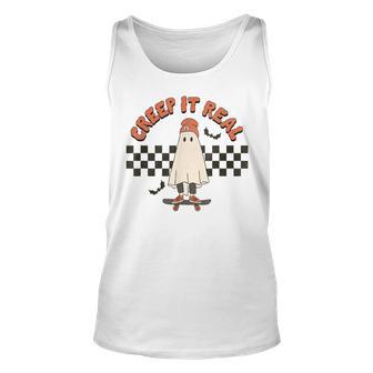 Funny Halloween Creep It Real Retro Skateboarding Ghost Kids Unisex Tank Top - Seseable