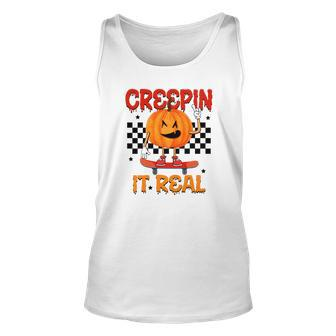 Funny Pumpkin Skateboarding Creepin It Real Halloween Unisex Tank Top - Seseable