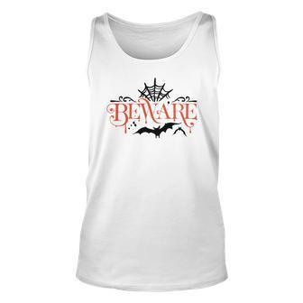 Halloween Beware Bat And Spidernet Black And Orange Design Men Women Tank Top Graphic Print Unisex - Seseable