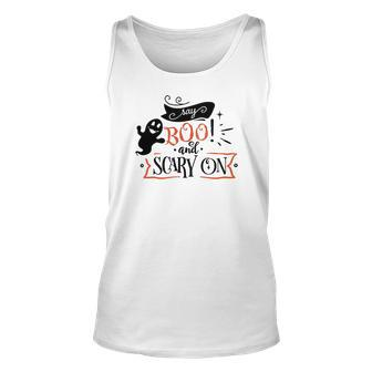 Halloween Say Boo And Scary On Black And Orange Men Women Tank Top Graphic Print Unisex - Seseable