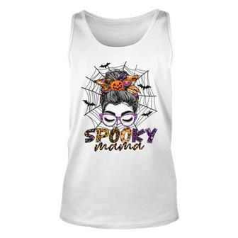 Halloween Spooky Mama Costume Messy Bun Spider Web For Mom Unisex Tank Top - Seseable