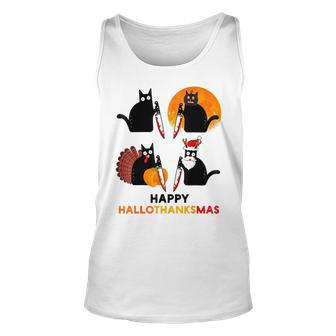 Happy Hallothanksmas Black Cat Halloween Thanksgiving Unisex Tank Top - Seseable