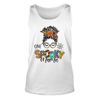 One Spooky Mama For Halloween Messy Bun Mom Monster Bleached Unisex Tank Top - Seseable