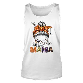 One Spooky Mama For Halloween Messy Bun Mom Monster Bleached V2 Unisex Tank Top - Seseable