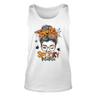 One Spooky Mama For Halloween Messy Bun Mom Monster Bleached V3 Unisex Tank Top - Seseable