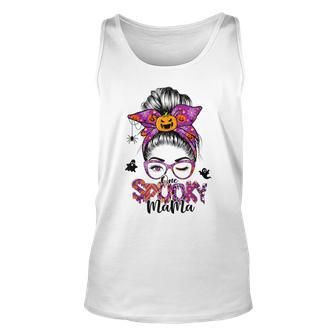 One Spooky Mama For Halloween Messy Bun Mom Monster Bleached V6 Unisex Tank Top - Seseable