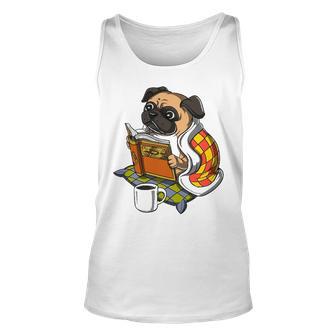 Pug Dog Reading Book And Drinking Coffee Unisex Tank Top - Thegiftio UK