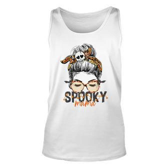 Spooky Mama Halloween Costume Skull Mom Leopard Messy Bun Unisex Tank Top - Seseable