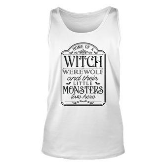 Vintage Halloween Sign Home Of A Witch Werewolf And Their Little Monster Men Women Tank Top Graphic Print Unisex - Seseable