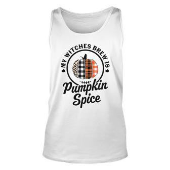 Womens My Witches Brew Is Pumpkin Spice Halloween Plaid Leopard Unisex Tank Top - Seseable