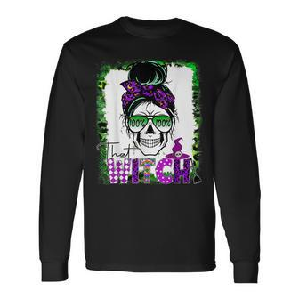100% That Witch Halloween Costume Messy Bun Skull Witch Girl Long Sleeve T-Shirt - Seseable