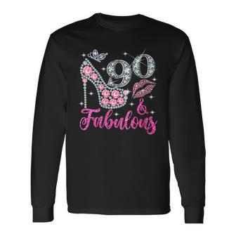 90 & Fabulous Diamond Crown Shoes Queen 90 Yrs Old Birthday Long Sleeve T-Shirt - Seseable