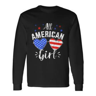 All American 4Th Of July Girl With Sunglasses And Us Flag Long Sleeve T-Shirt - Monsterry