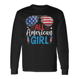 All American Girl 4Th Of July Girls Sunglasses Usa Flag Long Sleeve T-Shirt - Seseable