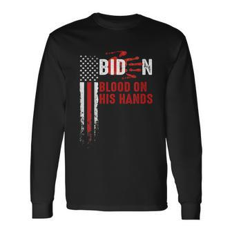 Anti Biden Blood On His Hands Anti Joe Biden Bloody Handprint Usa Flag Long Sleeve T-Shirt - Monsterry DE
