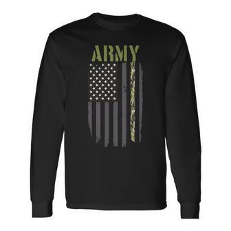 Army Veteran Thin Camo Line Flag Tshirt Long Sleeve T-Shirt - Monsterry