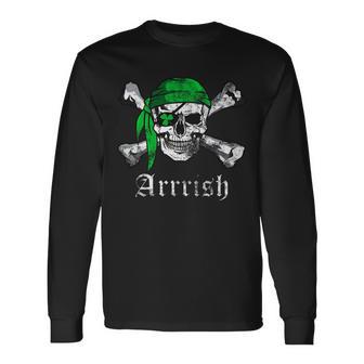 Arrrish Irish Pirate Skull Clover Tshirt Long Sleeve T-Shirt - Monsterry CA