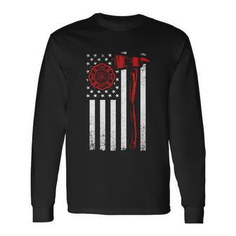 Axe Fire Dept American Flag Thin Red Line Long Sleeve T-Shirt - Monsterry