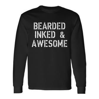 Bearded Inked & Awesome Beard Tattoo Logo Tshirt Long Sleeve T-Shirt - Monsterry