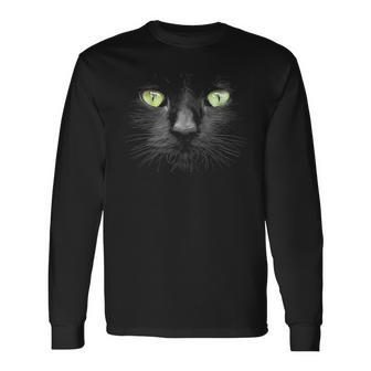 Beautiful Black Cat Face Big Green Eyes Cool Halloween Cats Long Sleeve T-Shirt - Seseable