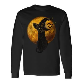 Beautiful Halloween Black Cat With Witch Hat Full Moon Cat Long Sleeve T-Shirt - Seseable