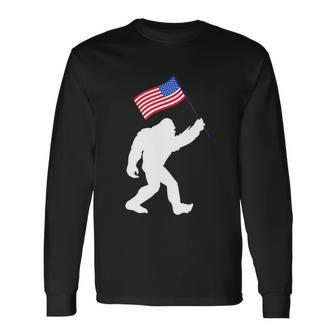 Bigfoot With American Flag 4Th Of July Meaningful Long Sleeve T-Shirt - Monsterry