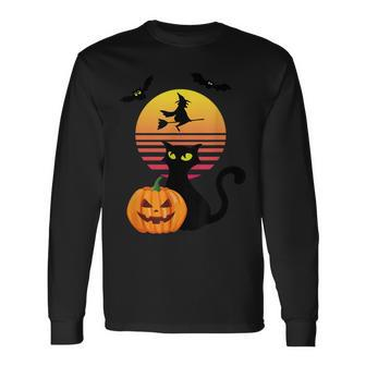Black Cat Bat Witch And Pumpkin At Sunset On Halloween Long Sleeve T-Shirt - Seseable