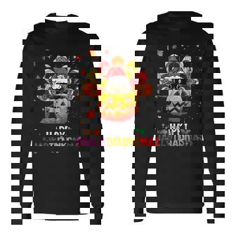 Black Cat Halloween And Merry Christmas Happy Hallothanksmas Long Sleeve T-Shirt - Seseable