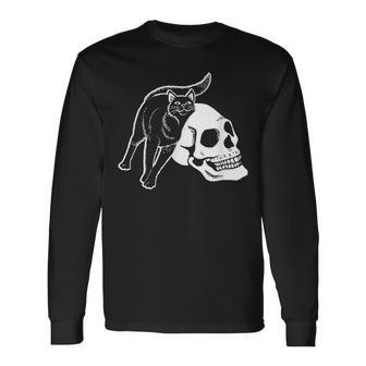 Black Cat And Human Skeleton Skull Punk Goth And Halloween Long Sleeve T-Shirt - Seseable