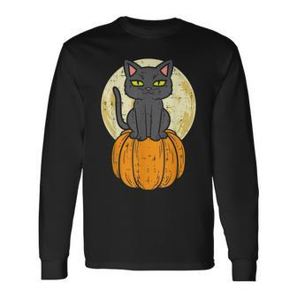 Black Cat On Pumpkin Full Moon Halloween Pet Men Women Long Sleeve T-Shirt - Seseable