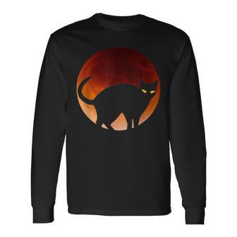 Black Cat Red Blood Silhouette Moon Pet Mom Dad Halloween Long Sleeve T-Shirt - Seseable