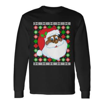 Black Santa Claus Ugly Christmas Sweater Long Sleeve T-Shirt - Monsterry