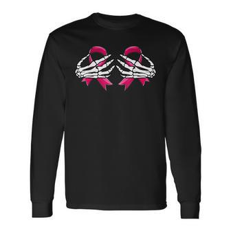 Boob Skeleton Hand On Breast Cancer Ribbon Halloween V3 Men Women Long Sleeve T-Shirt T-shirt Graphic Print - Thegiftio UK