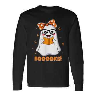 Booooks Cute Ghost Reading Library Books Halloween Long Sleeve T-Shirt - Thegiftio UK